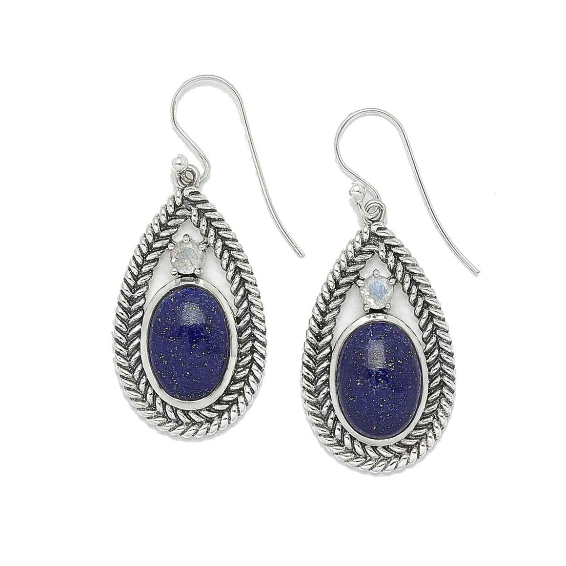 Lapis and Rainbow Moonstone Braided Silver Earrings