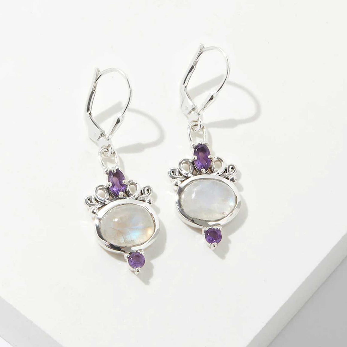 Rainbow Moonstone and Amethyst Drop Earrings