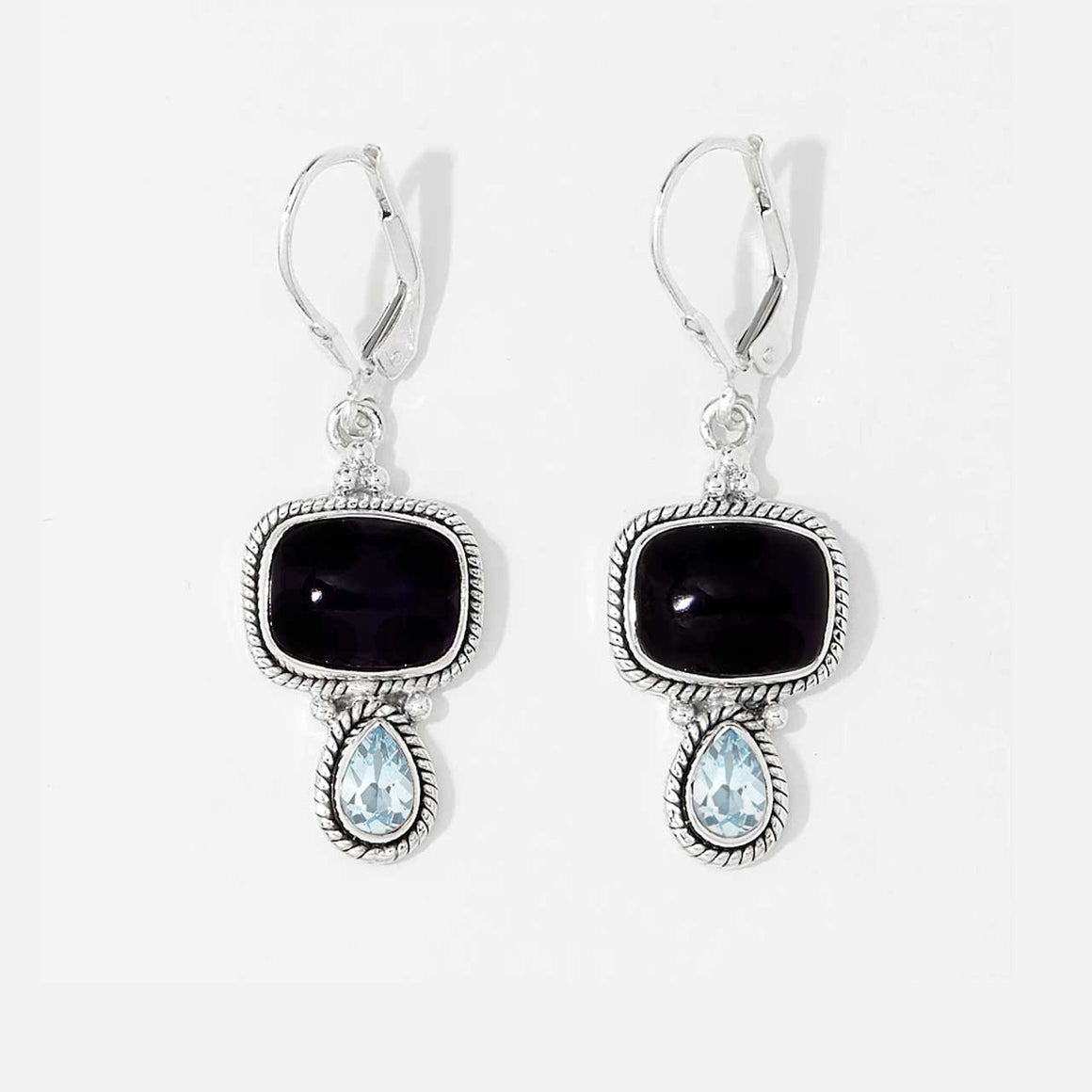 Black Spinel & Blue Topaz Drop Earrings