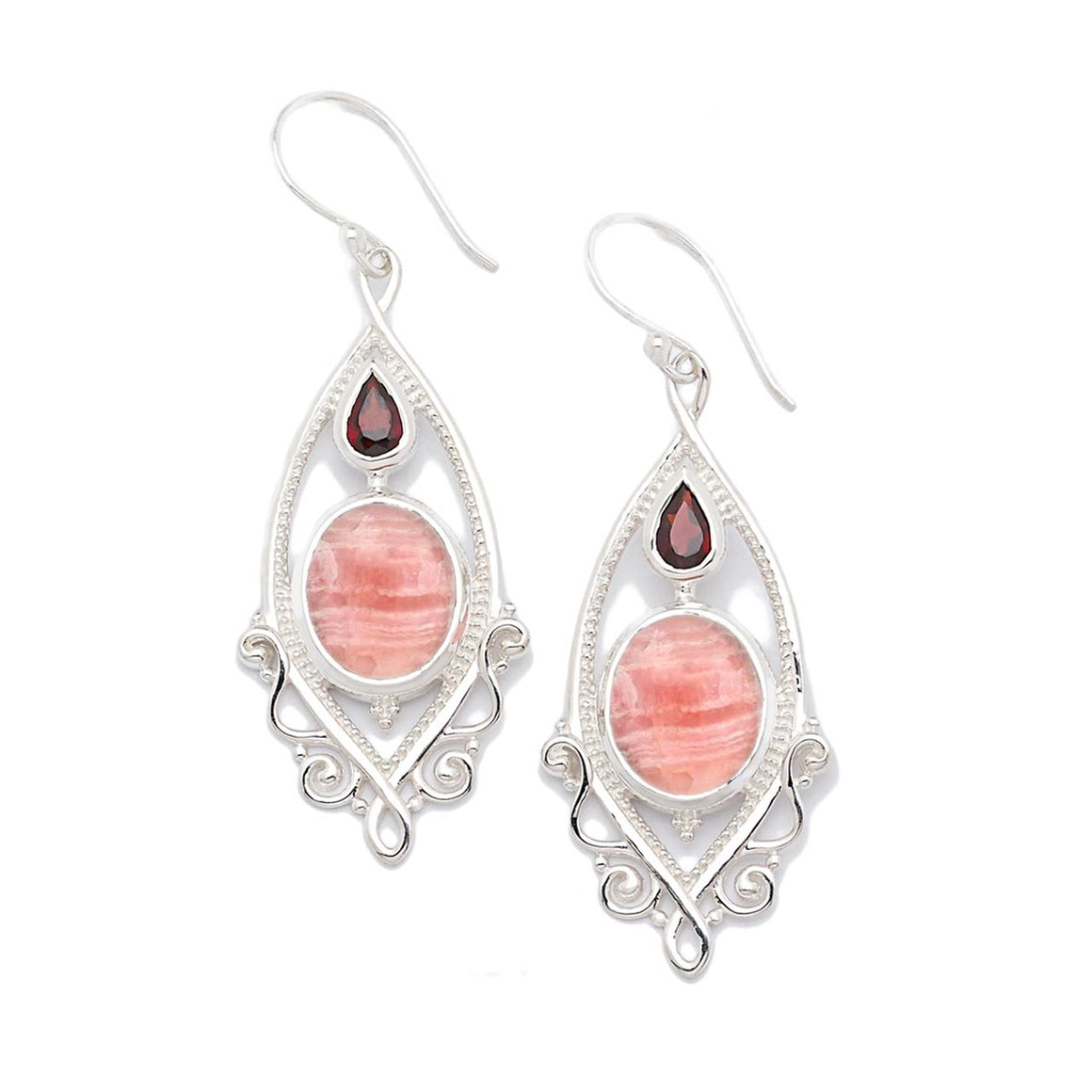 Rhodochrosite and Garnet Drop Earrings