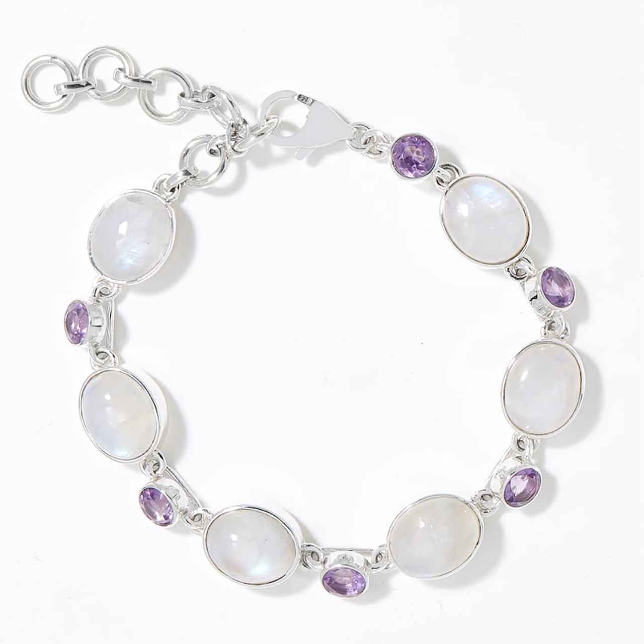 7x9mm Rainbow Moonstone and Amethyst Link Bracelet